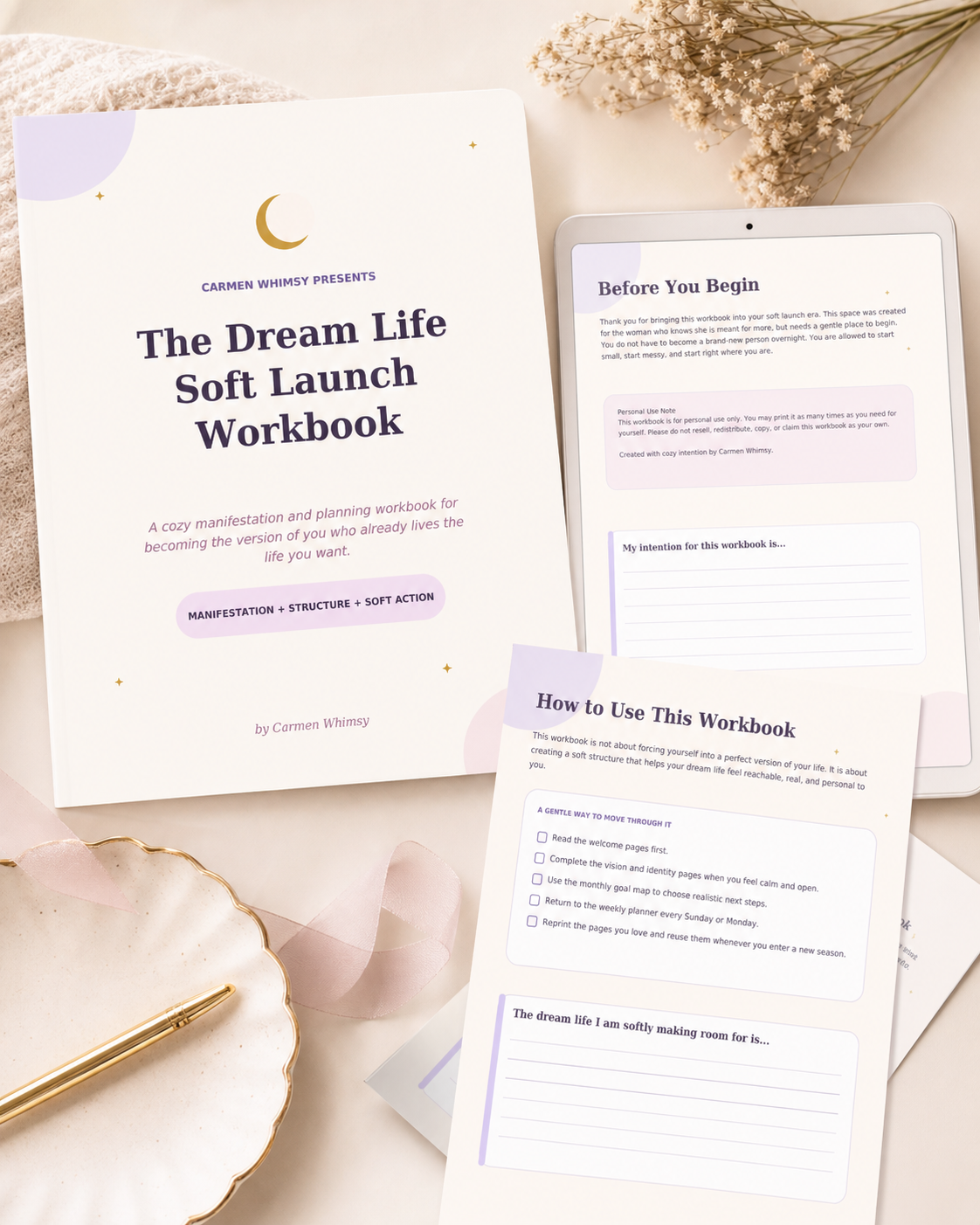 The Dream Life Soft Launch Workbook mockup showing the printed workbook beside a tablet and gold pen